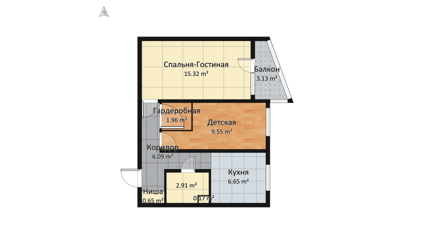 Двухкомнатная квартира в типичной 9 этажке с детской и гардеробной floor plan 52.84