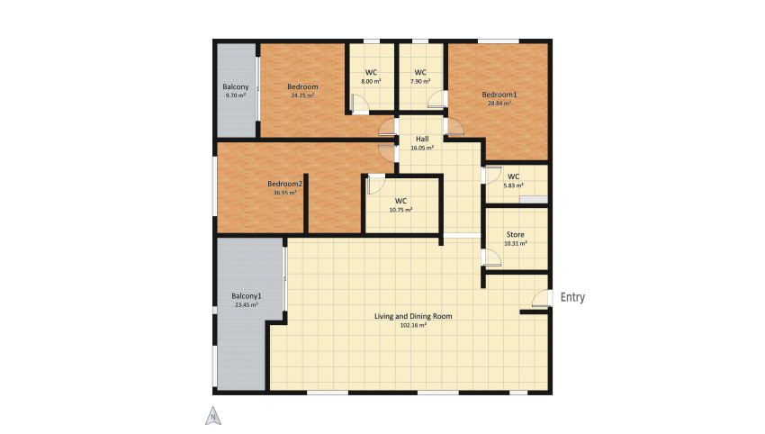 3-Bedroom Apartment floor plan 284.18